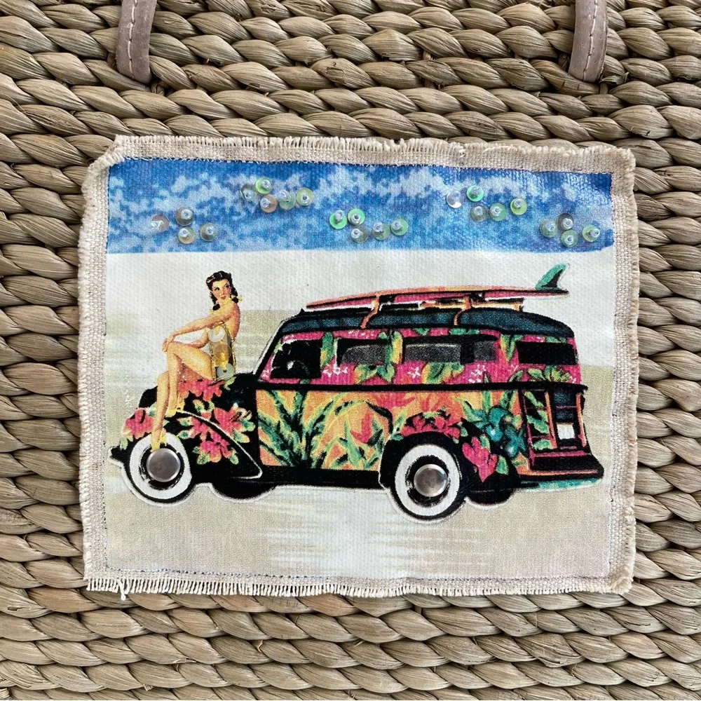 Vintage Y2K Beach Surf Volkswagen Bug Corn Husk Wicker Small Handbag Purse - Picture 4 of 13